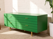 Load image into Gallery viewer, Image 2 of 15: Vintage four-drawer dresser featuring a vibrant Kelly green painted finish, long rectangular silhouette, four wide drawers with brass-tone rectangular pulls, smooth flat top, and low-profile base.
