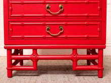 Load image into Gallery viewer, Image 18 of 21: Pair of Vintage 1960s Poppy Red Hollywood Regency Faux Bamboo Nightstands
