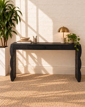 Load image into Gallery viewer, Sydney charcoal acacia wood desk with one center drawer, sculptural curved waterfall sides, and a streamlined rectangular top.

