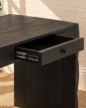 Load image into Gallery viewer, Sydney charcoal acacia wood desk with one center drawer, sculptural curved waterfall sides, and a streamlined rectangular top.

