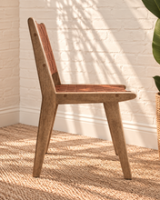 Load image into Gallery viewer, Sylas dining chair with rich mocha basket-weave leather seat and backrest, warm rubberwood frame, and tapered legs
