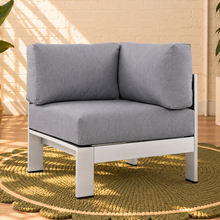 Load image into Gallery viewer, Sylvie L-shaped outdoor sectional sofa in Silver Mist with gray cushions and brushed aluminum frame
