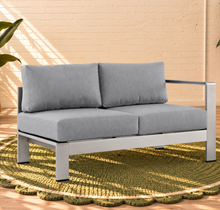 Load image into Gallery viewer, Sylvie L-shaped outdoor sectional sofa in Silver Mist with gray cushions and brushed aluminum frame
