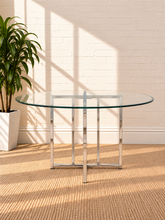 Load image into Gallery viewer, Image 3 of 4: Tavi 48-inch round dining table with clear tempered glass top and geometric Chrome metal base
