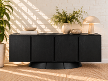 Load image into Gallery viewer, Thera 4-Door Buffet Credenza in Charcoal with sculptural curved base and Art Deco detailing
