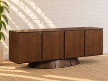 Load image into Gallery viewer, Thera 4-Door Buffet Credenza in Warm Walnut with sculptural curved base and Art Deco detailing
