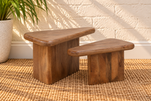 Load image into Gallery viewer, Thomy two-piece natural brown mango wood coffee table with overlapping organic tops, rounded edges, and sculptural panel bases.
