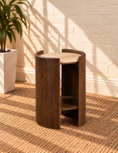 Load image into Gallery viewer, Tucker travertine top side table in Natural Brown with beige travertine and curved walnut-finished mango wood frame
