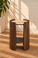 Load image into Gallery viewer, Tucker travertine top side table in Natural Brown with beige travertine and curved walnut-finished mango wood frame
