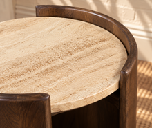 Load image into Gallery viewer, Tucker travertine top side table in Natural Brown with beige travertine and curved walnut-finished mango wood frame
