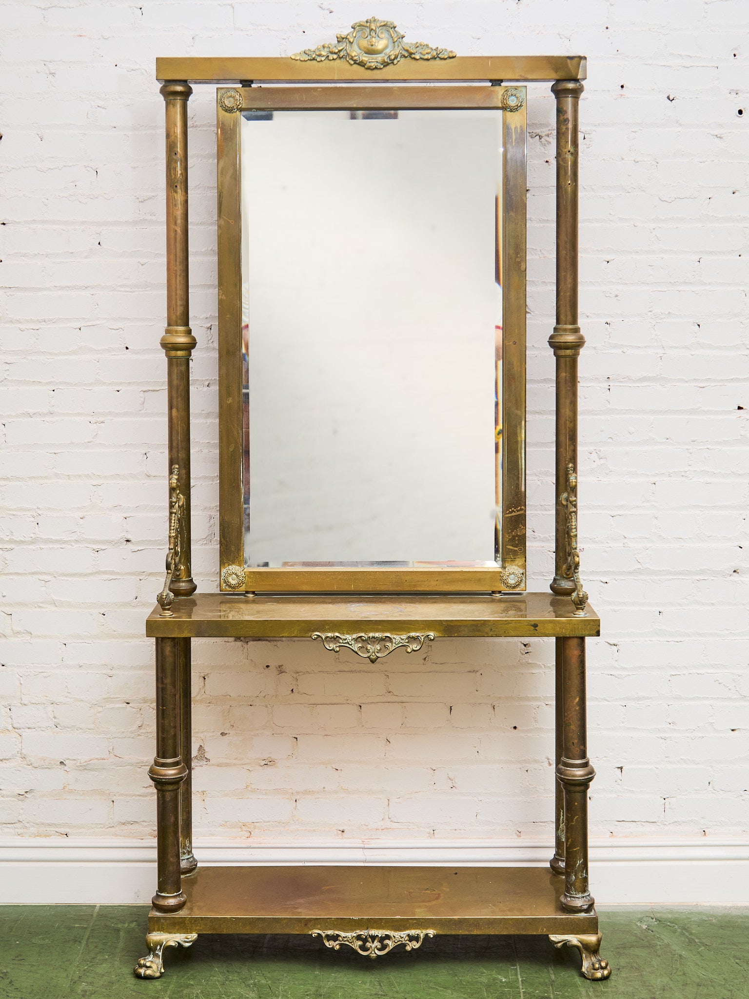 Neoclassical Brass Hall Tree Mirror, Coat Hanger and Console Table