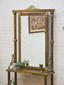 Neoclassical Brass Hall Tree Mirror, Coat Hanger and Console Table