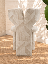 Load image into Gallery viewer, Vada cream beige patterned dining chair with sculptural split back, rounded upholstered seat, and fully upholstered legs.
