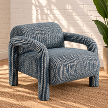 Load image into Gallery viewer, Verona slate blue lounge chair with raised striped upholstery, rounded bolster back, padded arms, and wide cushioned seat
