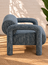 Load image into Gallery viewer, Verona slate blue lounge chair with raised striped upholstery, rounded bolster back, padded arms, and wide cushioned seat
