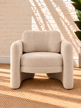 Load image into Gallery viewer, Viela lounge chair in oatmeal chenille with rounded padded arms and sculptural contemporary silhouette
