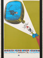 Load image into Gallery viewer, Framed Death Cab for Cutie and The Thermals concert poster with retro television graphic in olive green, blue, red, and black
