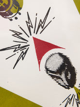 Load image into Gallery viewer, Framed Death Cab for Cutie and The Thermals concert poster with retro television graphic in olive green, blue, red, and black
