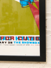 Load image into Gallery viewer, Framed Death Cab for Cutie and The Thermals concert poster with retro television graphic in olive green, blue, red, and black
