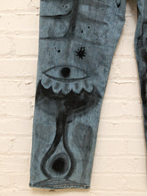 Load image into Gallery viewer, Cesar Platero hand-painted blue denim jeans with large black and gray abstract shapes, circles, lines, and expressive graphic artwork.
