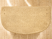 Load image into Gallery viewer, Vintage beige Atomic Age clothes hamper with rounded lid, brass-tone trim, textured patterned finish, and metal starburst accent
