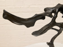 Load image into Gallery viewer, Abstract dark metal sculpture with organic flowing curves, photographed against a light beige brick wall background.
