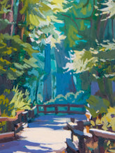 Load image into Gallery viewer, An impressionistic painting of a sunlit forest path with trees, green foliage, blue shadows, and wooden railings on both sides.
