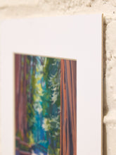 Load image into Gallery viewer, California redwoods landscape art by D. Rose with towering redwood trees, shaded forest path, green foliage, and cream mat
