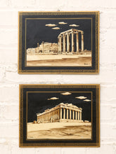 Load image into Gallery viewer, Pair of Neoclassical Greek colonnade architectural artworks on black backgrounds with gold Greek key borders and floating clouds

