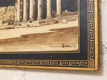 Load image into Gallery viewer, Pair of Neoclassical Greek colonnade architectural artworks on black backgrounds with gold Greek key borders and floating clouds

