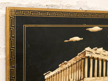 Load image into Gallery viewer, Pair of Neoclassical Greek colonnade architectural artworks on black backgrounds with gold Greek key borders and floating clouds

