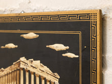 Load image into Gallery viewer, Pair of Neoclassical Greek colonnade architectural artworks on black backgrounds with gold Greek key borders and floating clouds

