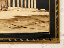 Load image into Gallery viewer, Pair of Neoclassical Greek colonnade architectural artworks on black backgrounds with gold Greek key borders and floating clouds

