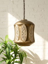 Load image into Gallery viewer, Vintage 1960s metal hanging pendant lamp with domed shade, ornate oval pierced scrollwork panels, aged finish, and chain
