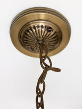 Load image into Gallery viewer, An antique brass ceiling canopy with a decorative sunburst center and a hanging chain, shown against a plain white background.

