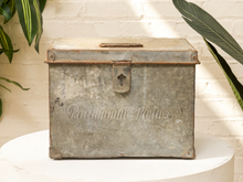 Load image into Gallery viewer, Vintage rectangular galvanized metal storage box with hinged lid, top handle, and weathered patina
