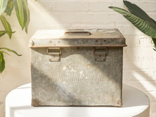 Load image into Gallery viewer, Vintage rectangular galvanized metal storage box with hinged lid, top handle, and weathered patina
