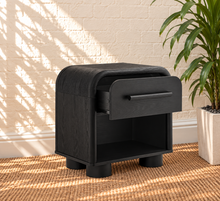 Load image into Gallery viewer, Vivienne one drawer nightstand in Charcoal with rounded frame, single drawer, long handle, open shelf, and cylindrical feet
