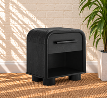 Load image into Gallery viewer, Vivienne one drawer nightstand in Charcoal with rounded frame, single drawer, long handle, open shelf, and cylindrical feet
