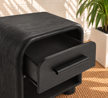 Load image into Gallery viewer, Vivienne one drawer nightstand in Charcoal with rounded frame, single drawer, long handle, open shelf, and cylindrical feet
