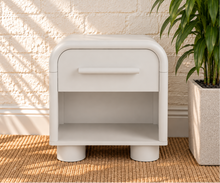 Load image into Gallery viewer, Vivienne one drawer nightstand in Soft White with curved frame, open lower shelf, elongated handle, and rounded feet
