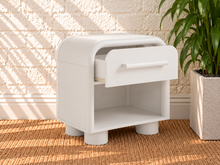 Load image into Gallery viewer, Vivienne one drawer nightstand in Soft White with curved frame, open lower shelf, elongated handle, and rounded feet
