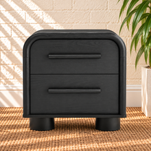 Load image into Gallery viewer, Vivienne two drawer nightstand in Charcoal with curved frame, black oak finish, elongated handles, two drawers, and rounded feet
