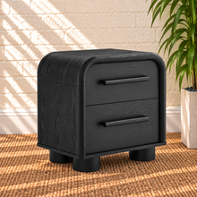 Load image into Gallery viewer, Vivienne two drawer nightstand in Charcoal with curved frame, black oak finish, elongated handles, two drawers, and rounded feet
