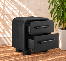 Load image into Gallery viewer, Vivienne two drawer nightstand in Charcoal with curved frame, black oak finish, elongated handles, two drawers, and rounded feet
