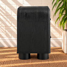 Load image into Gallery viewer, Vivienne two drawer nightstand in Charcoal with curved frame, black oak finish, elongated handles, two drawers, and rounded feet
