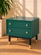 Load image into Gallery viewer, Image 3 of 5: A two-drawer side table in deep teal green with round gold knobs, black legs, and gold-toned caps, set on a woven rug against a white brick wall with a potted plant nearby.
