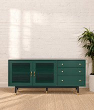 Load image into Gallery viewer, Image 1 of 5: Yvette High TV Stand in Juniper Green with slatted cabinet doors, three drawers, gold details, and elevated legs
