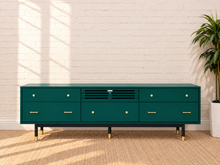Load image into Gallery viewer, Image 1 of 4: Yvette Low TV Stand in Juniper Green with five drawers, flip-down media compartment, gold details, and elevated legs
