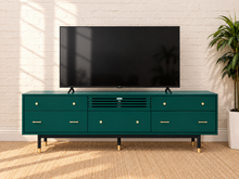Load image into Gallery viewer, Image 2 of 4: Yvette Low TV Stand in Juniper Green with five drawers, flip-down media compartment, gold details, and elevated legs
